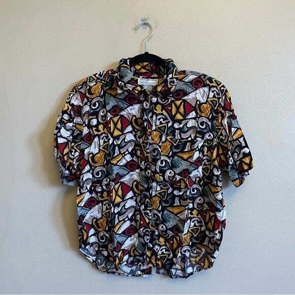 Vintage M 1980s Maggie Lawrence Sport short sleeve blouse abstract - Picture 1 of 7